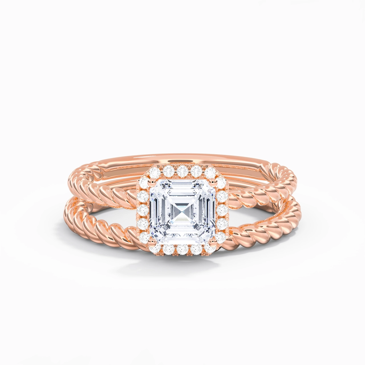 18K Rose Gold Halo Twist Wedding Ring Set