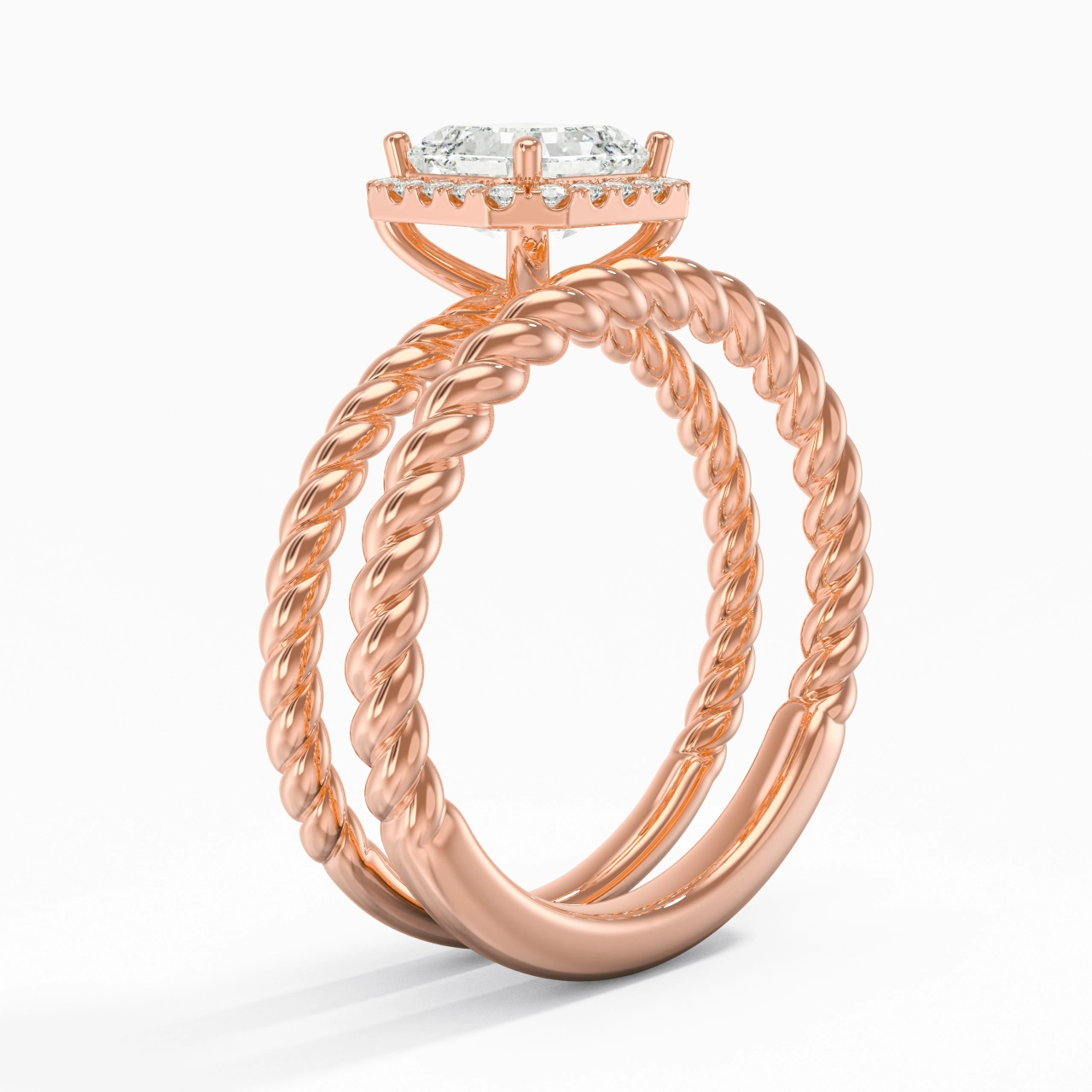 18K Rose Gold Halo Twist Wedding Ring Set