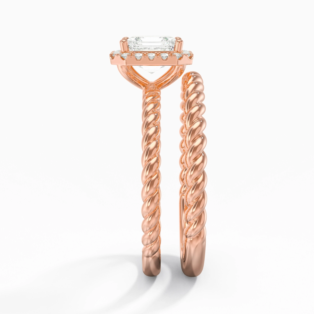18K Rose Gold Halo Twist Wedding Ring Set