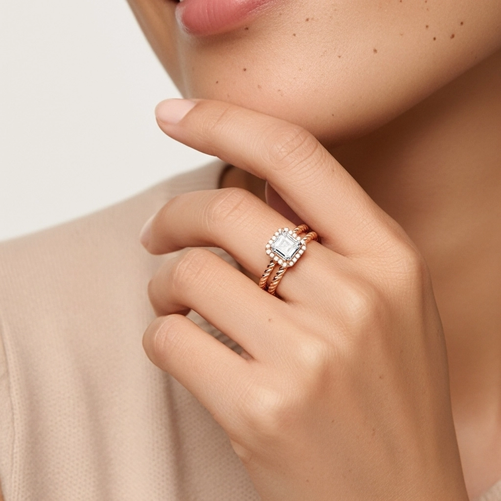 Or rose 18 carats Halo Tourner Ensemble d'alliances