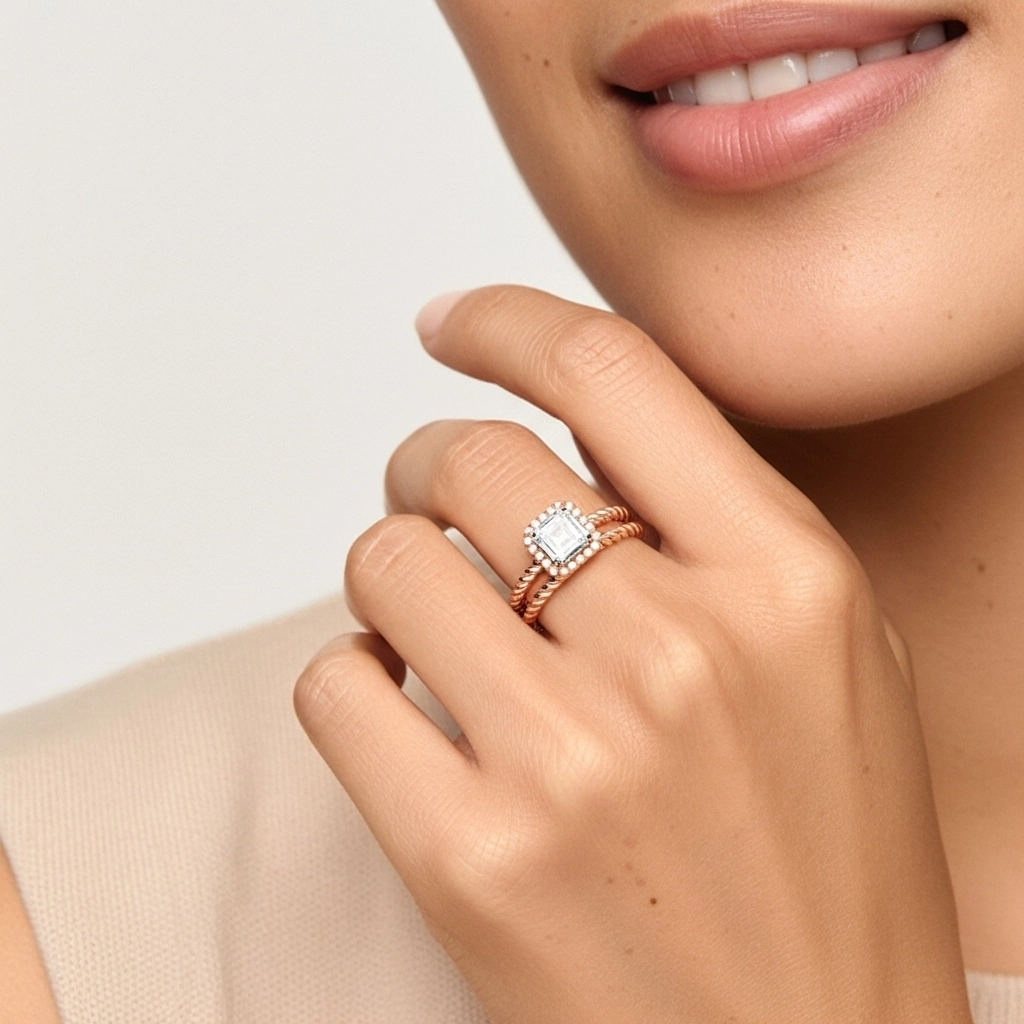 Or rose 18 carats Halo Tourner Ensemble d'alliances