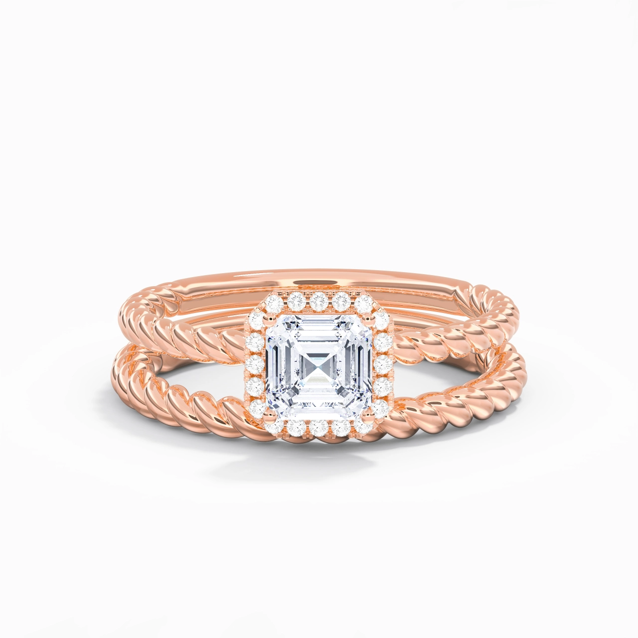18K Rose Gold Halo Twist Wedding Ring Set