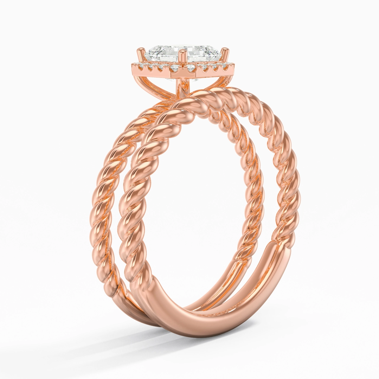 18K Rose Gold Halo Twist Wedding Ring Set