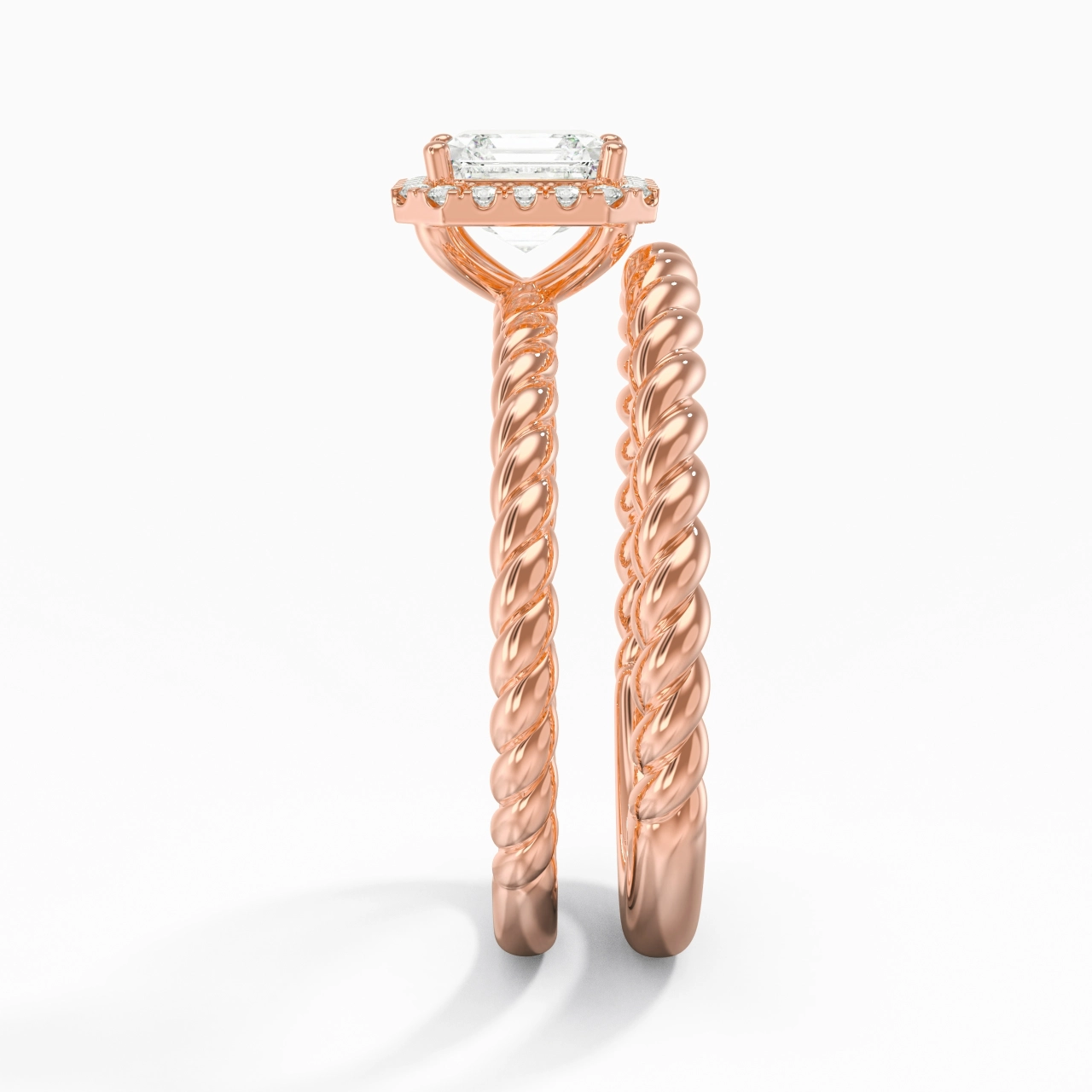 18K Rose Gold Halo Twist Wedding Ring Set