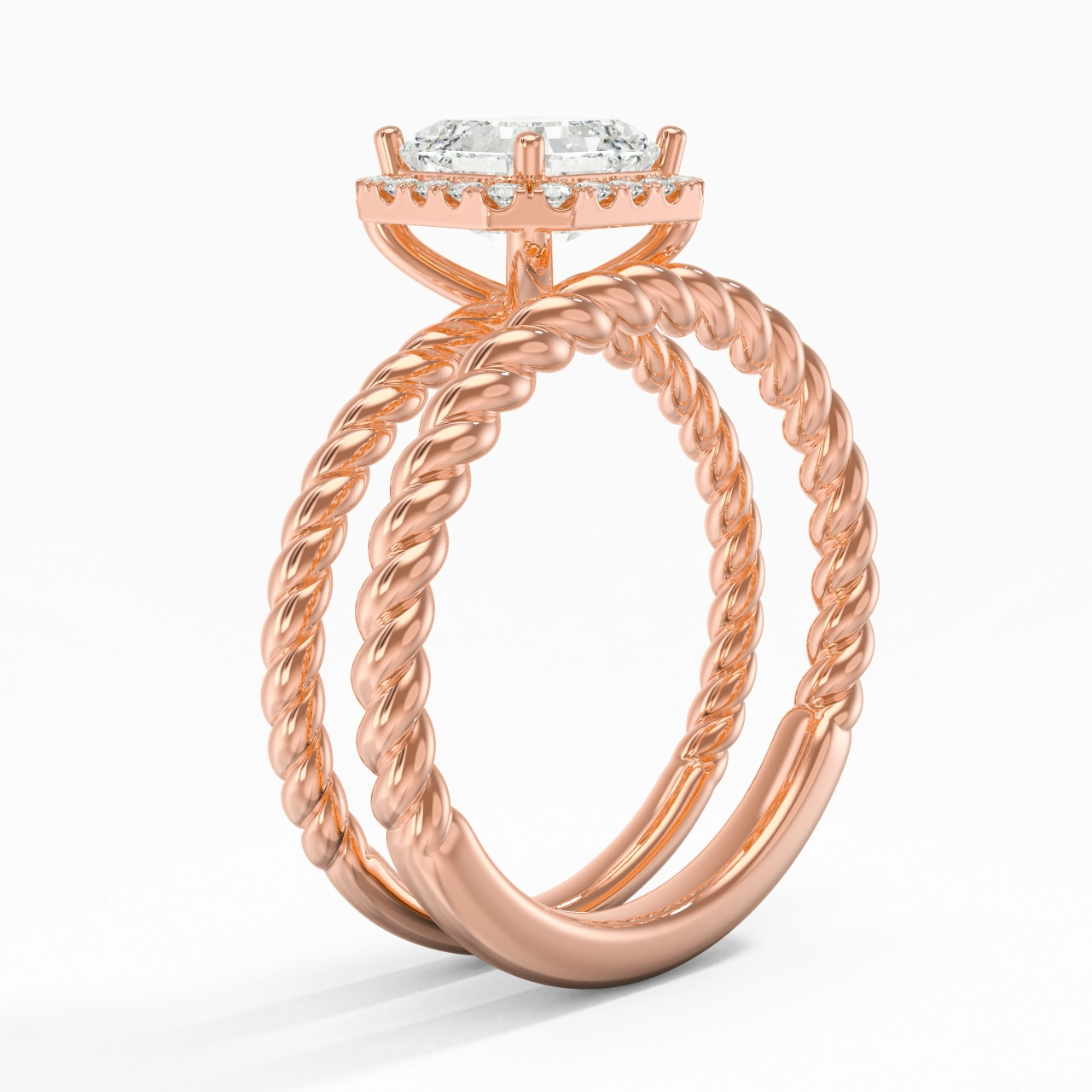 14K Rose Gold Halo Twist Wedding Ring Set