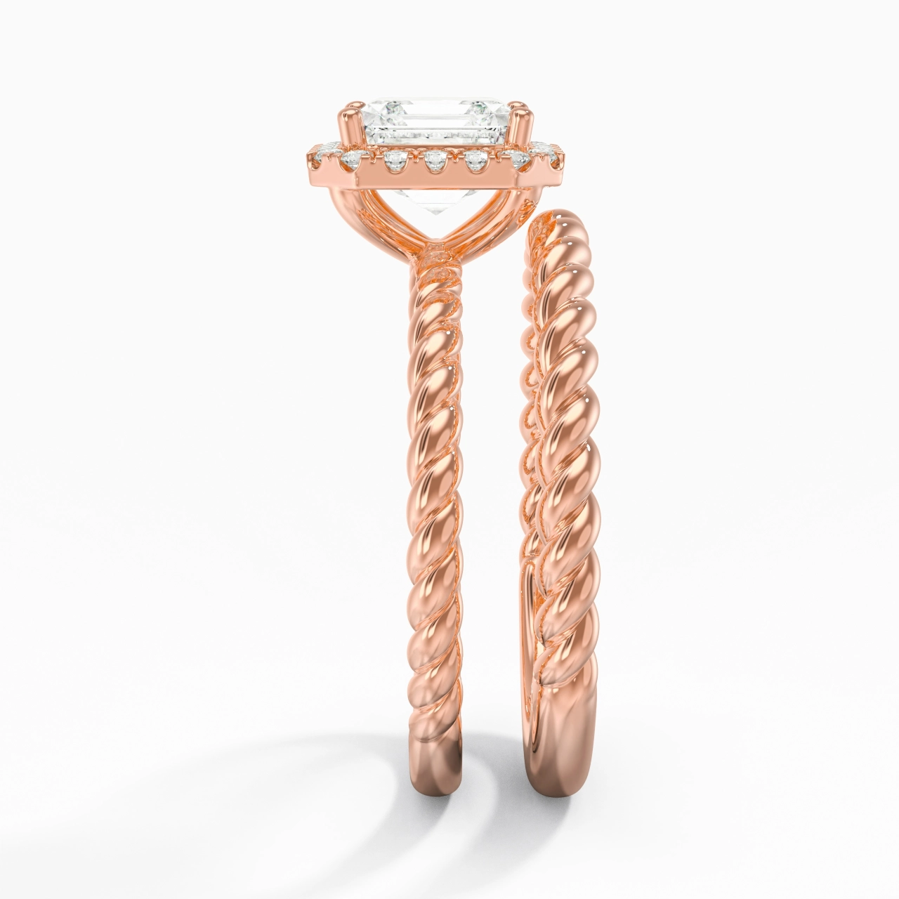 14K Rose Gold Halo Twist Wedding Ring Set