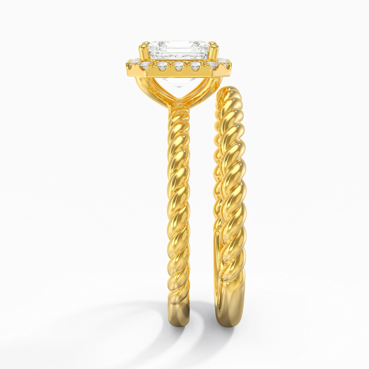 18K Gold Halo Twist Wedding Ring Set