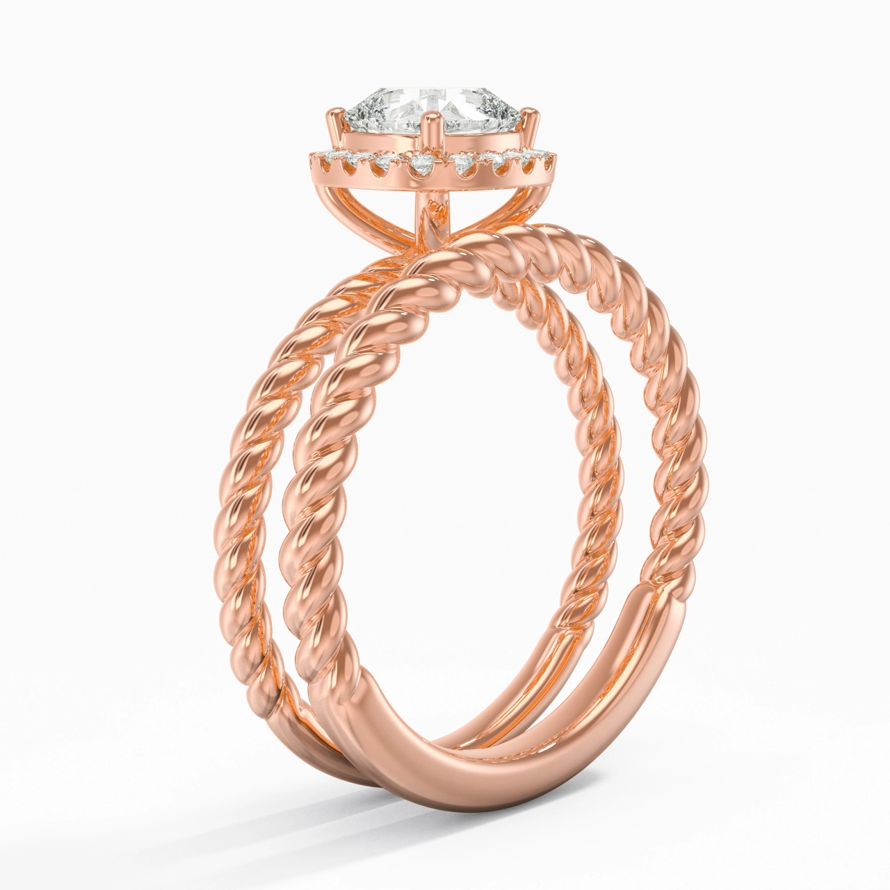 18K Rose Gold Halo Twist Wedding Ring Set