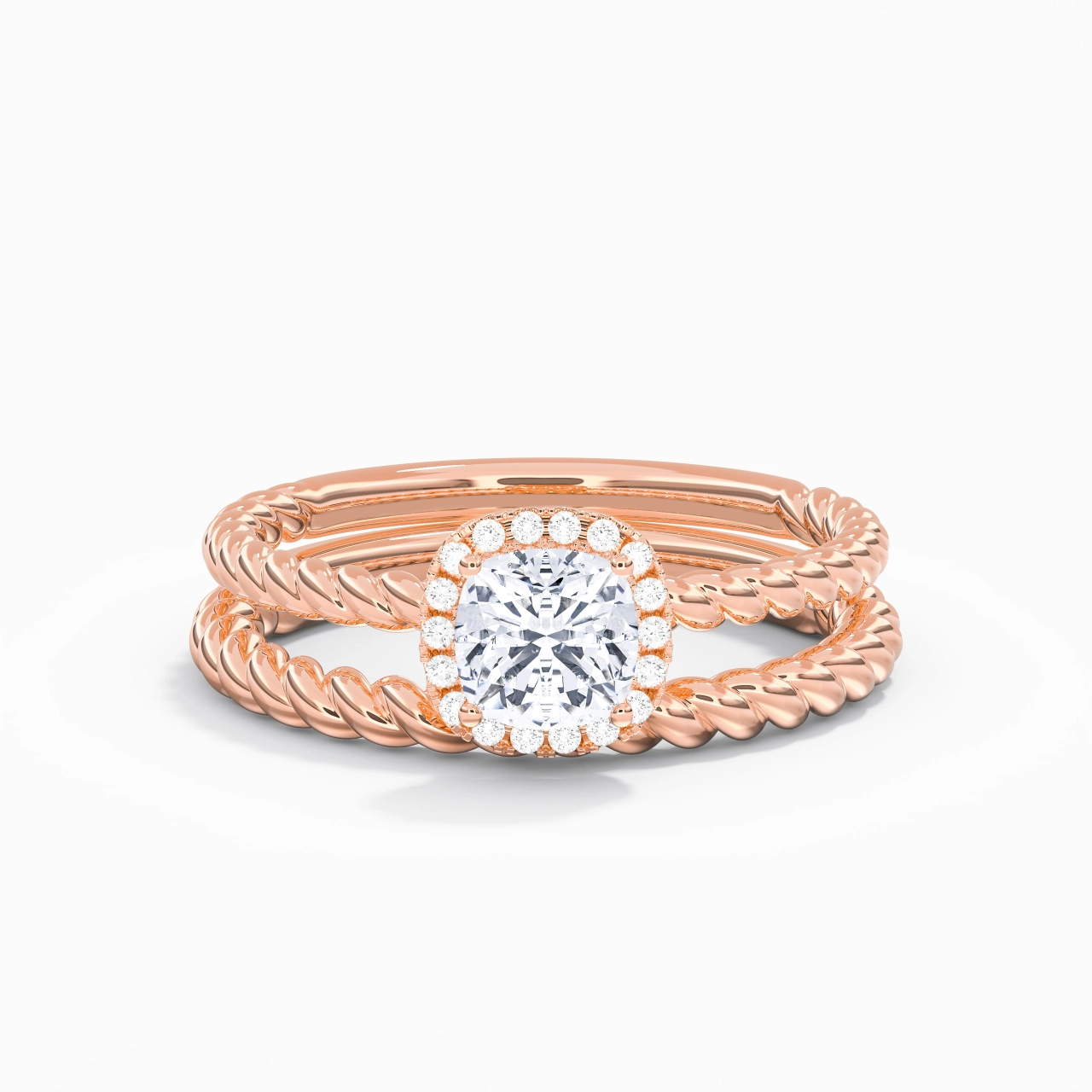18K Rose Gold Halo Twist Wedding Ring Set