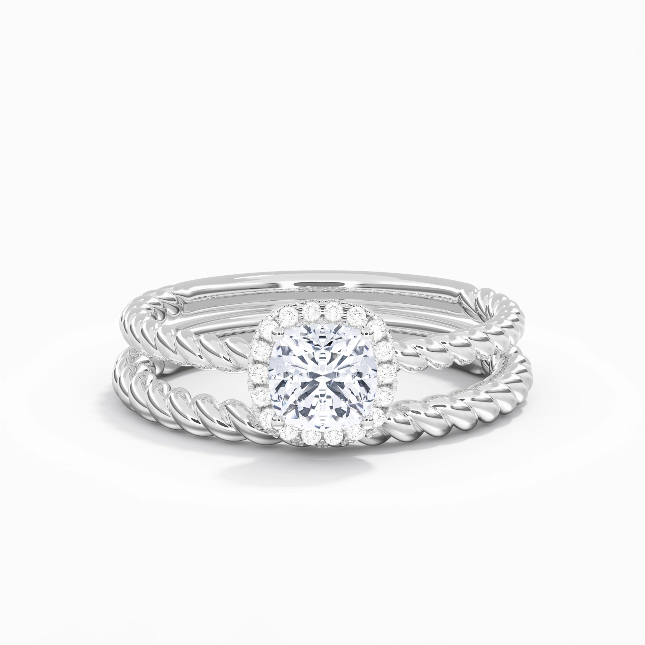 18K White Gold Halo Twist Wedding Ring Set