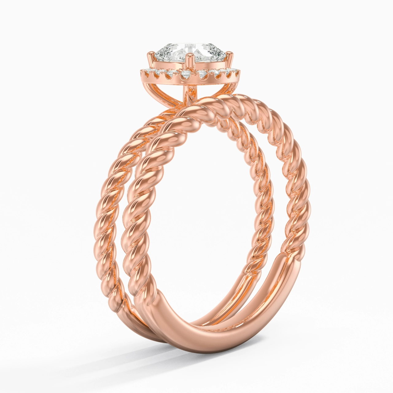 18K Rose Gold Halo Twist Wedding Ring Set