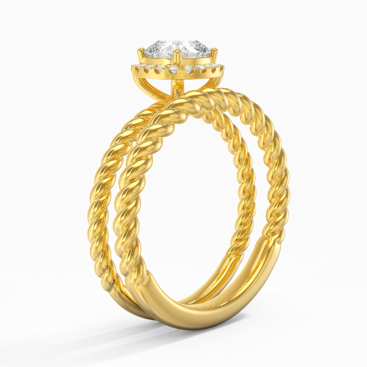 14K Gold Halo Twist Wedding Ring Set
