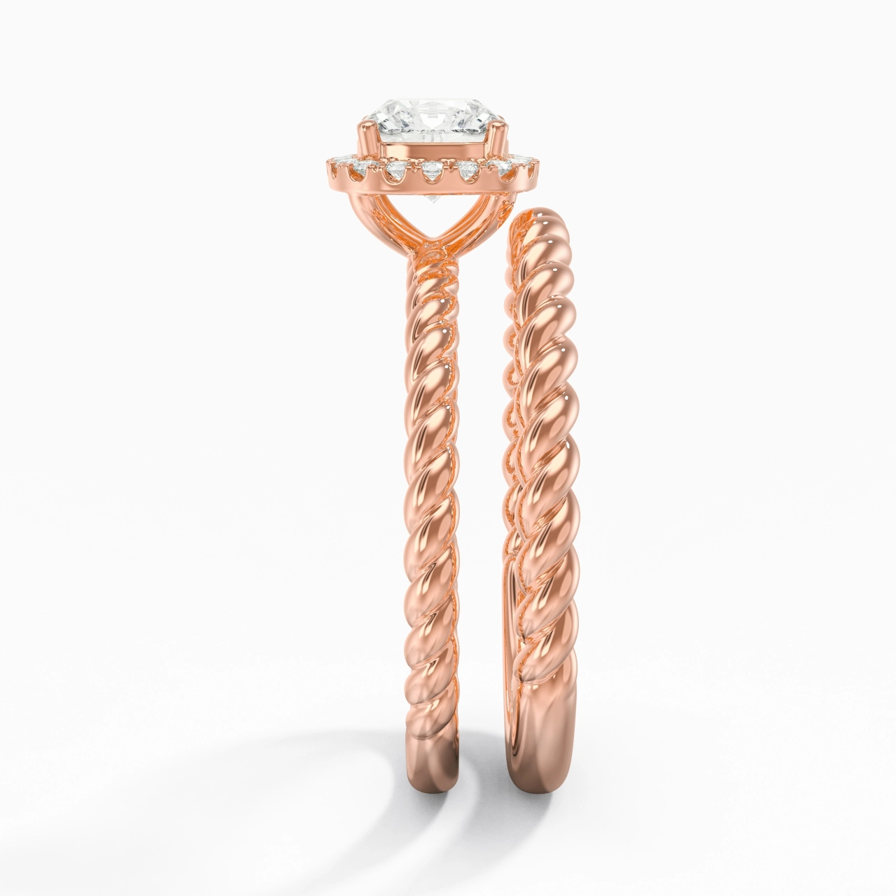 18K Rose Gold Halo Twist Wedding Ring Set