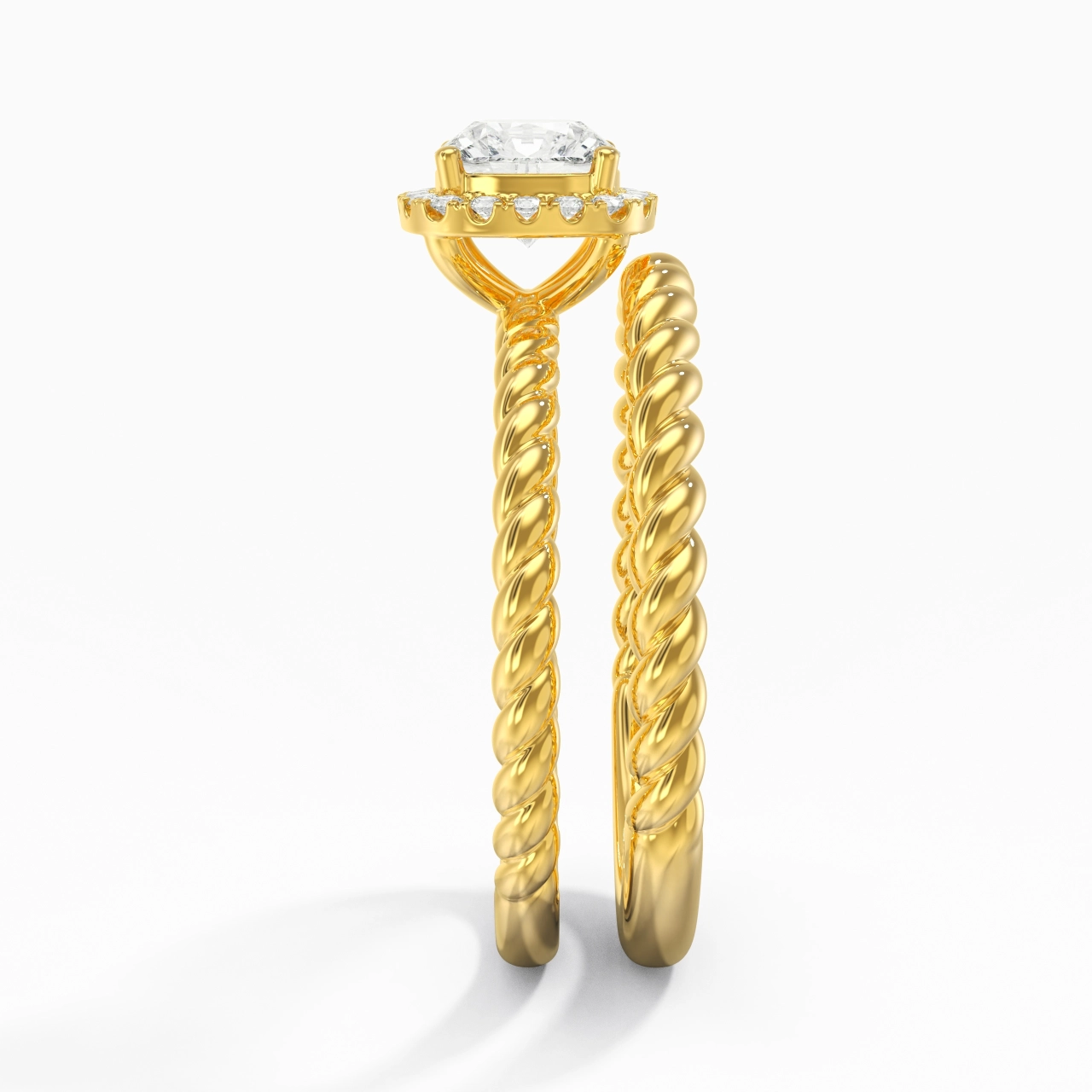 14K Gold Halo Twist Wedding Ring Set