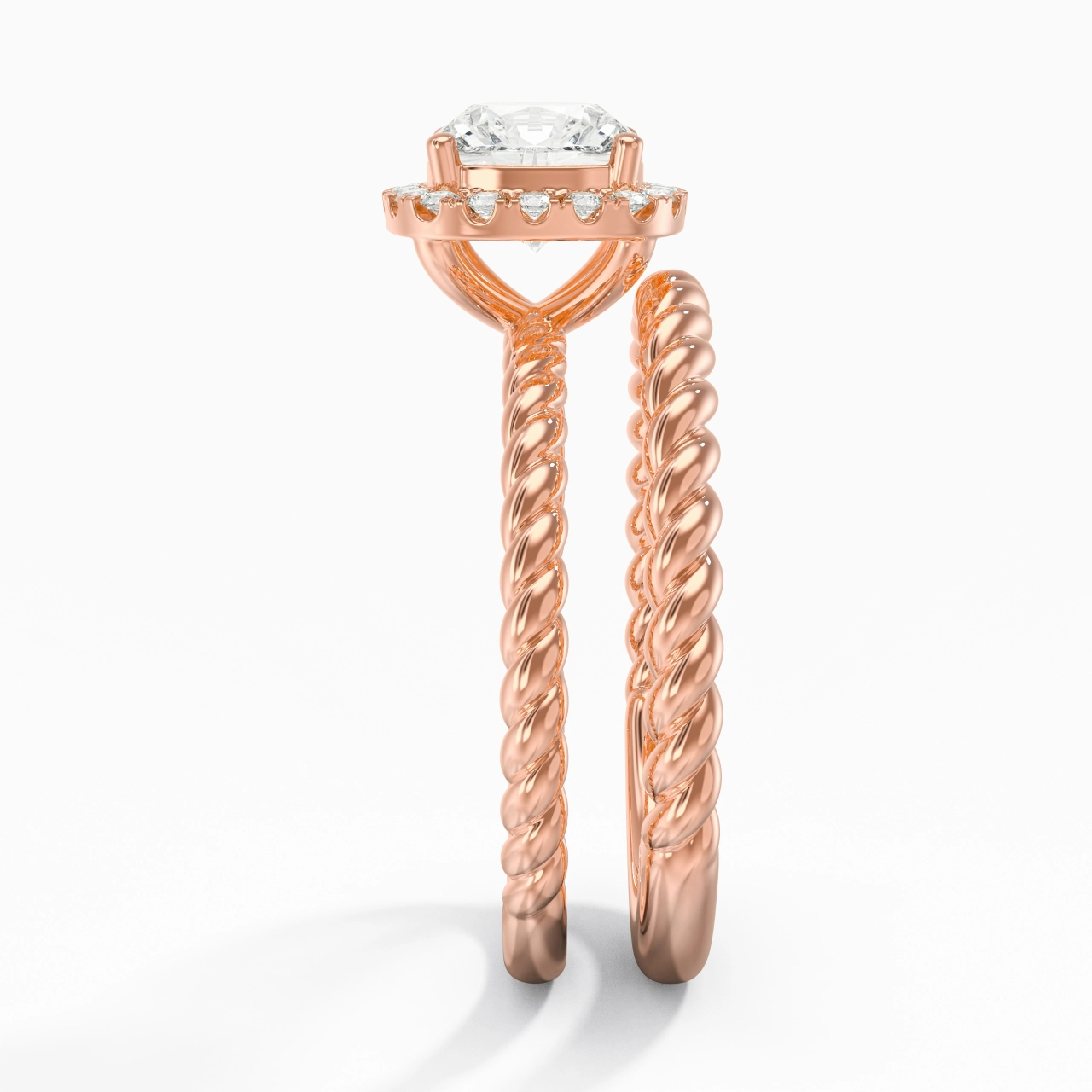 18K Rose Gold Halo Twist Wedding Ring Set