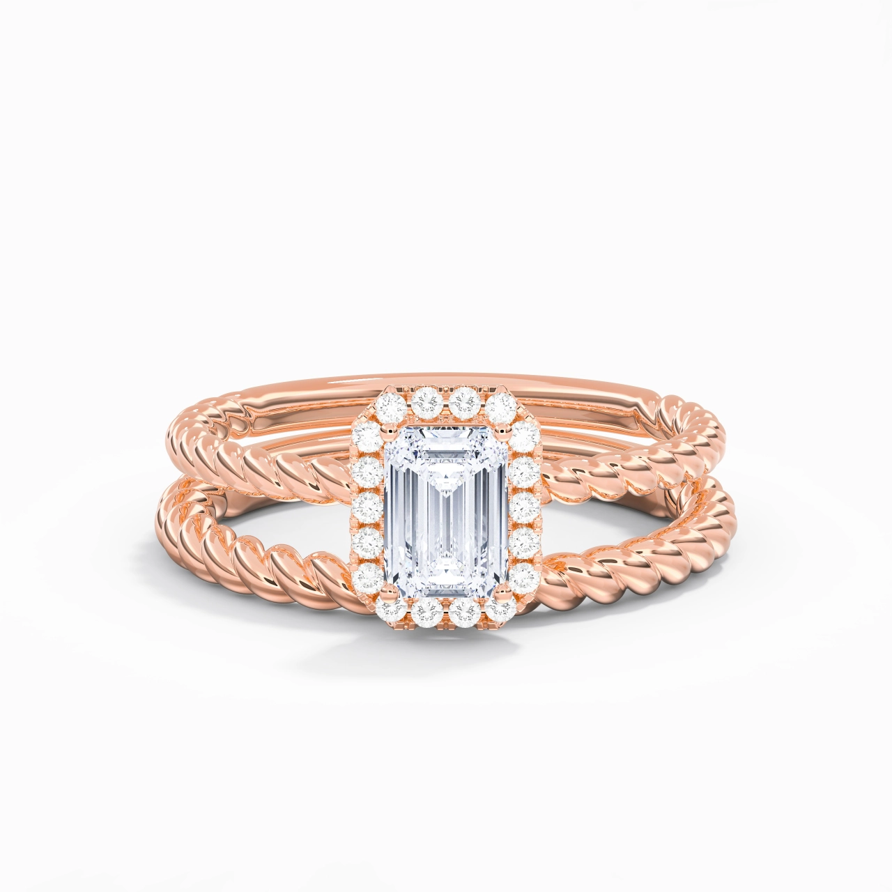 18K Rose Gold Halo Twist Wedding Ring Set