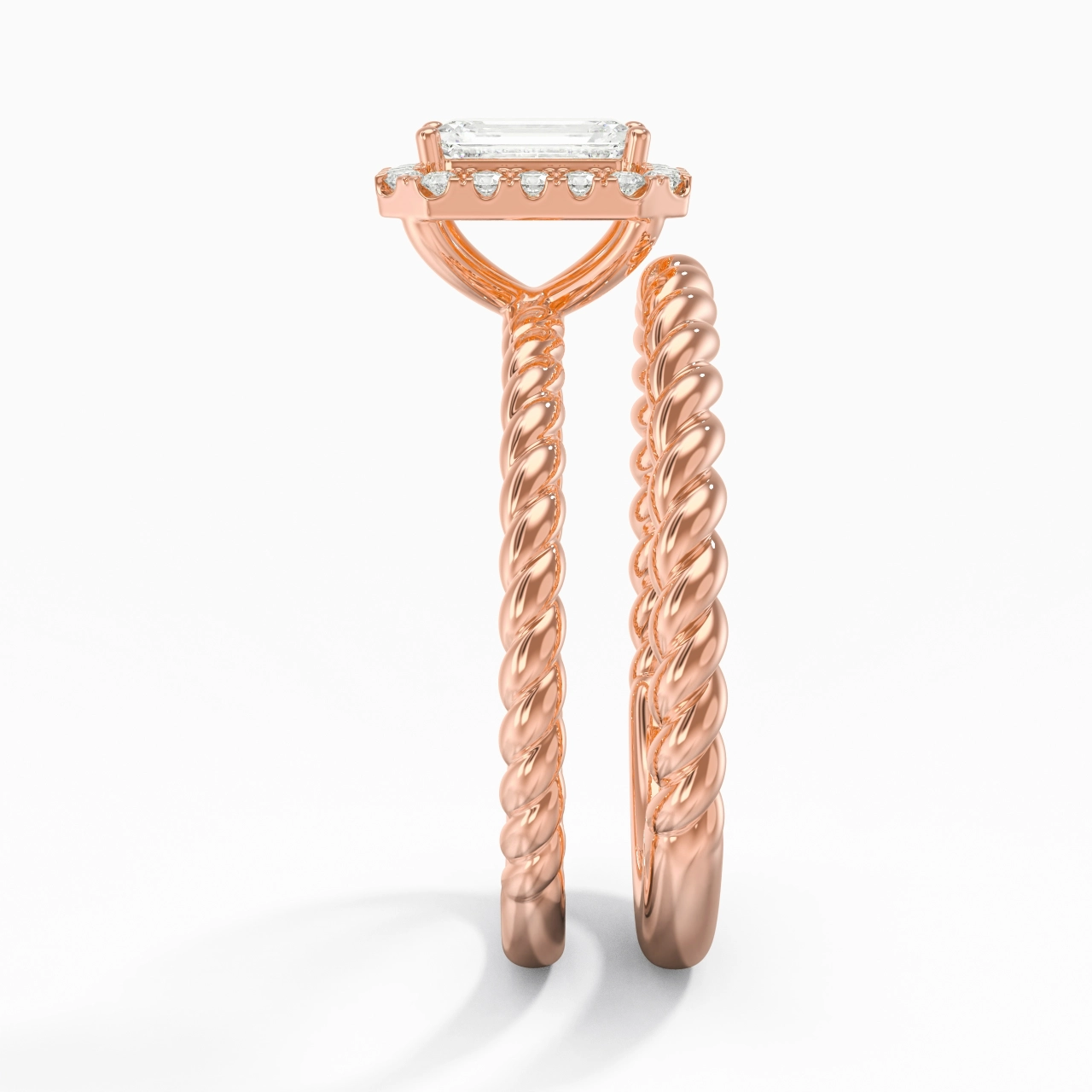 18K Rose Gold Halo Twist Wedding Ring Set