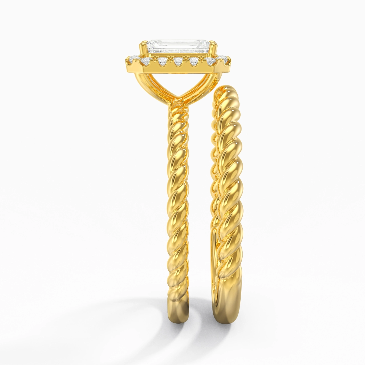 14K Gold Halo Twist Wedding Ring Set