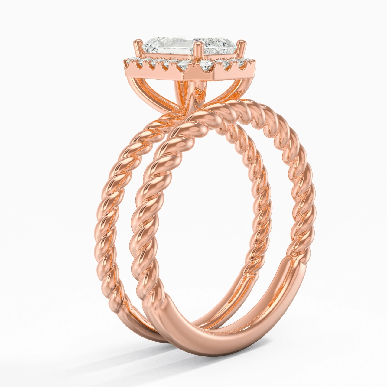 14K Rose Gold Halo Twist Wedding Ring Set