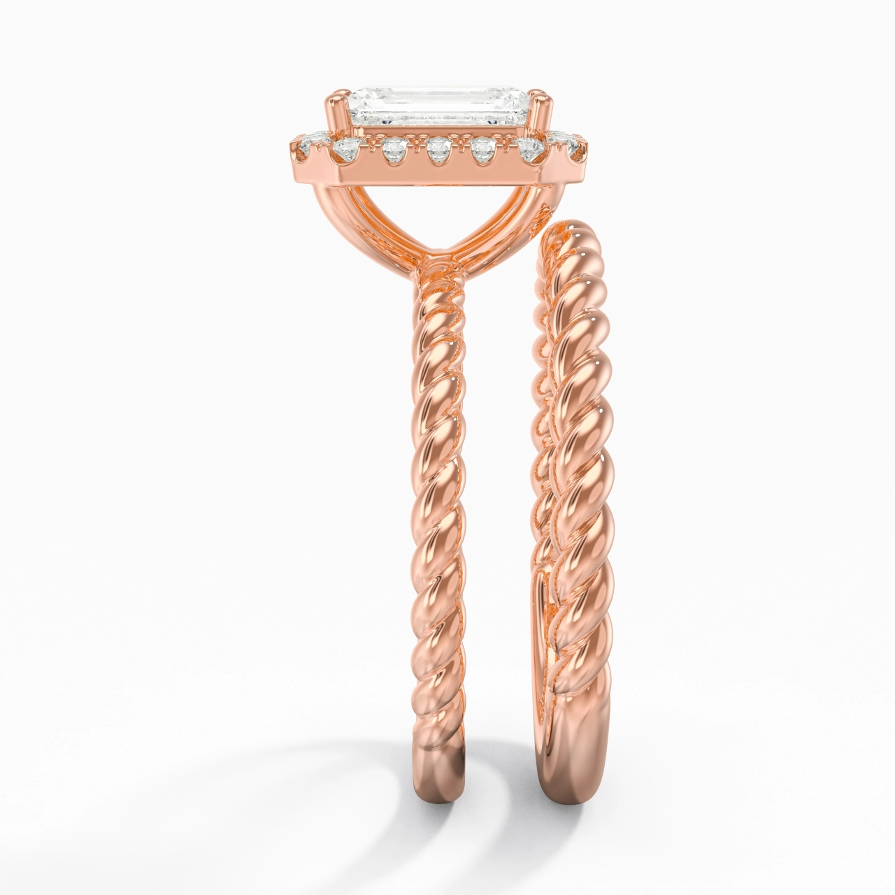 14K Rose Gold Halo Twist Wedding Ring Set