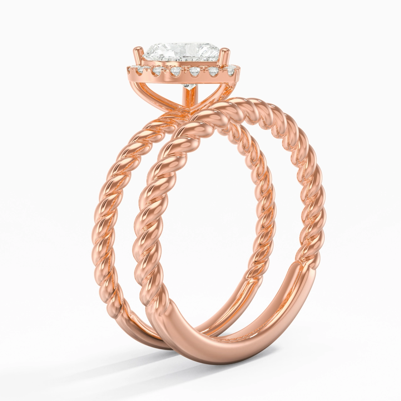 18K Rose Gold Halo Twist Wedding Ring Set