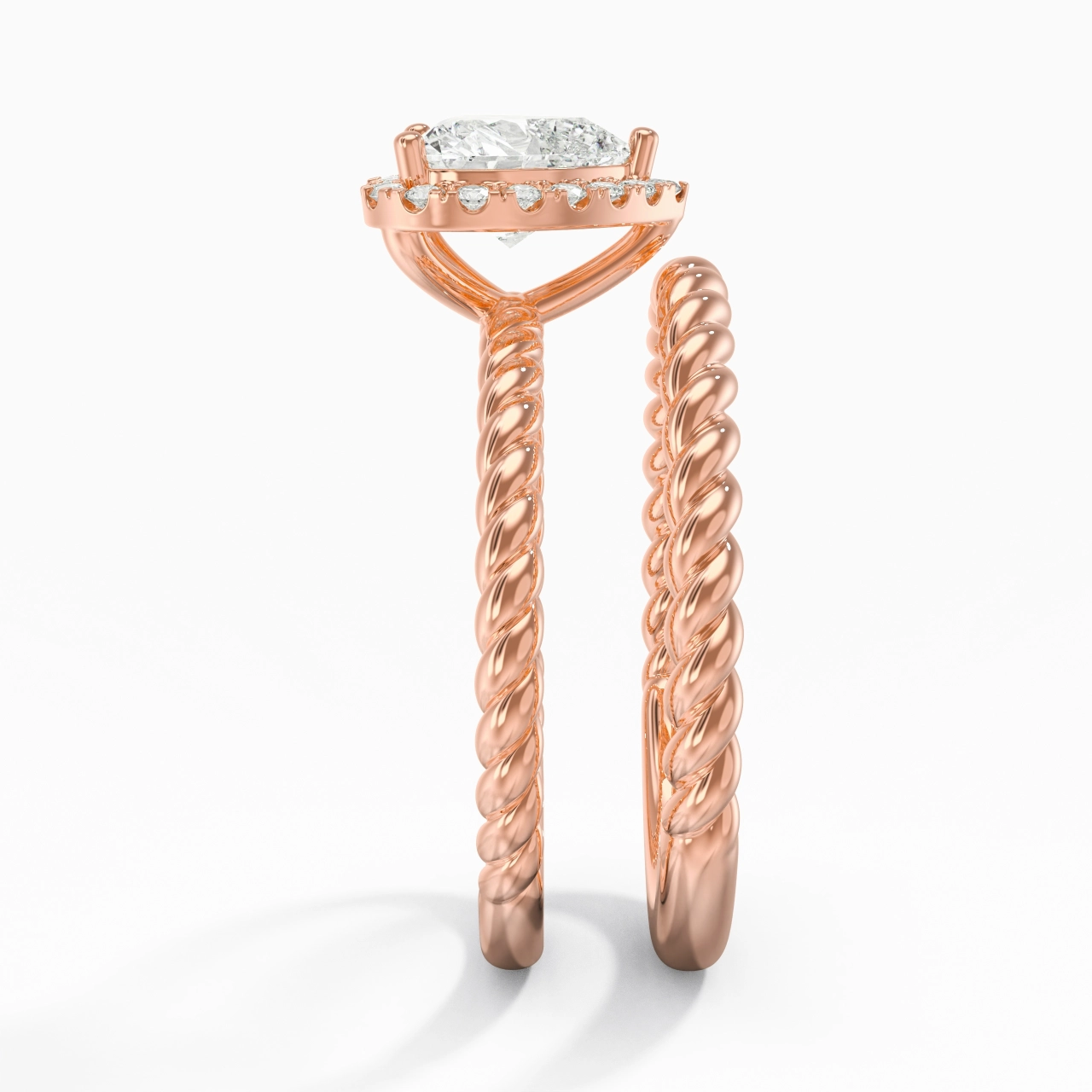 18K Rose Gold Halo Twist Wedding Ring Set