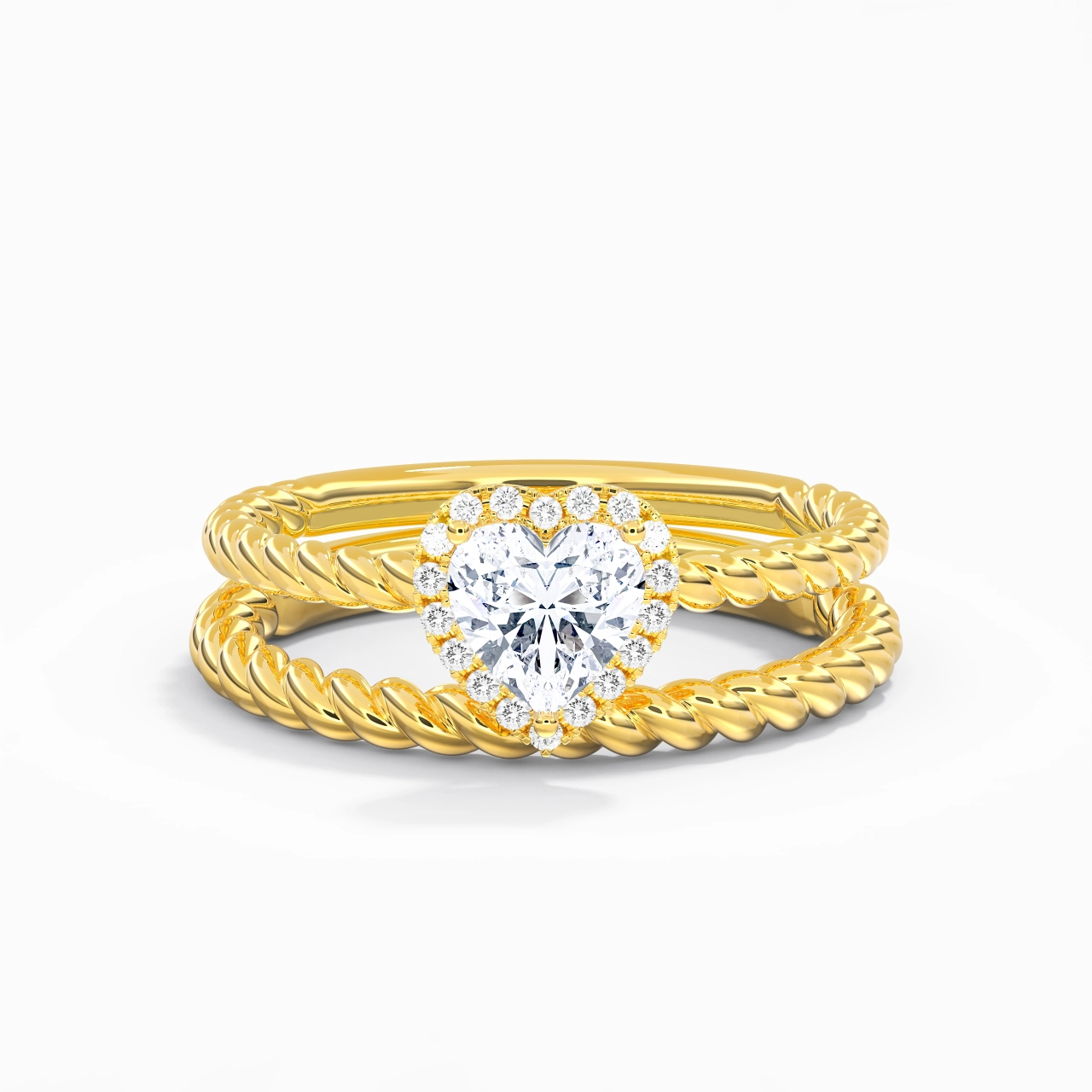 18K Gold Halo Twist Wedding Ring Set