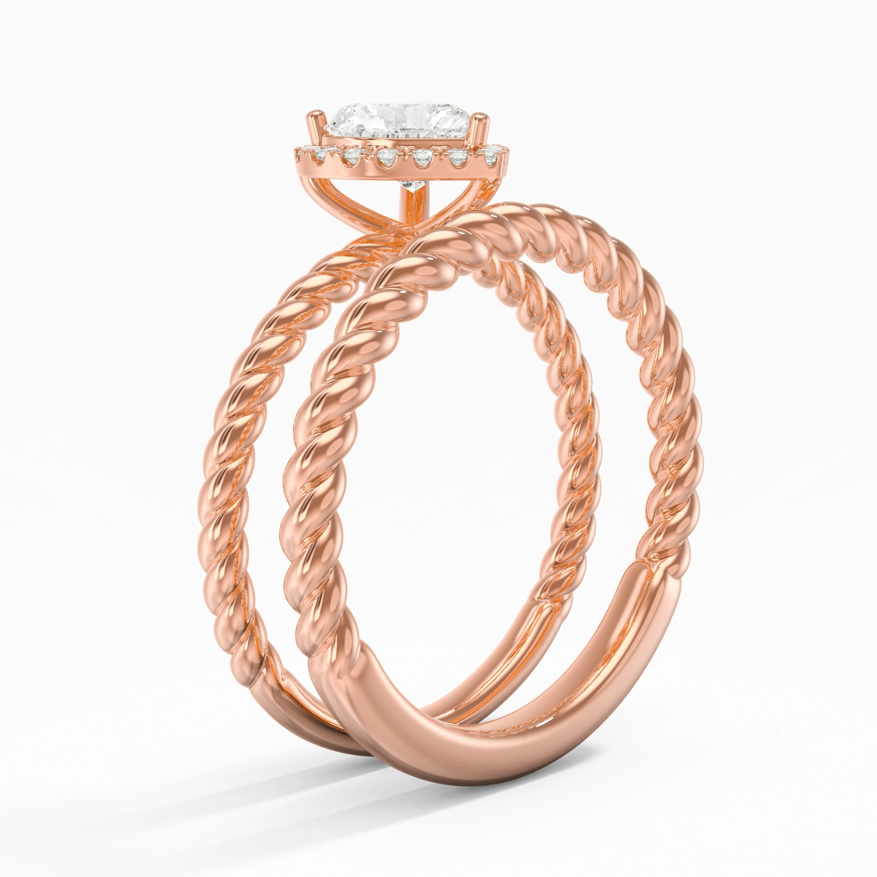 18K Rose Gold Halo Twist Wedding Ring Set