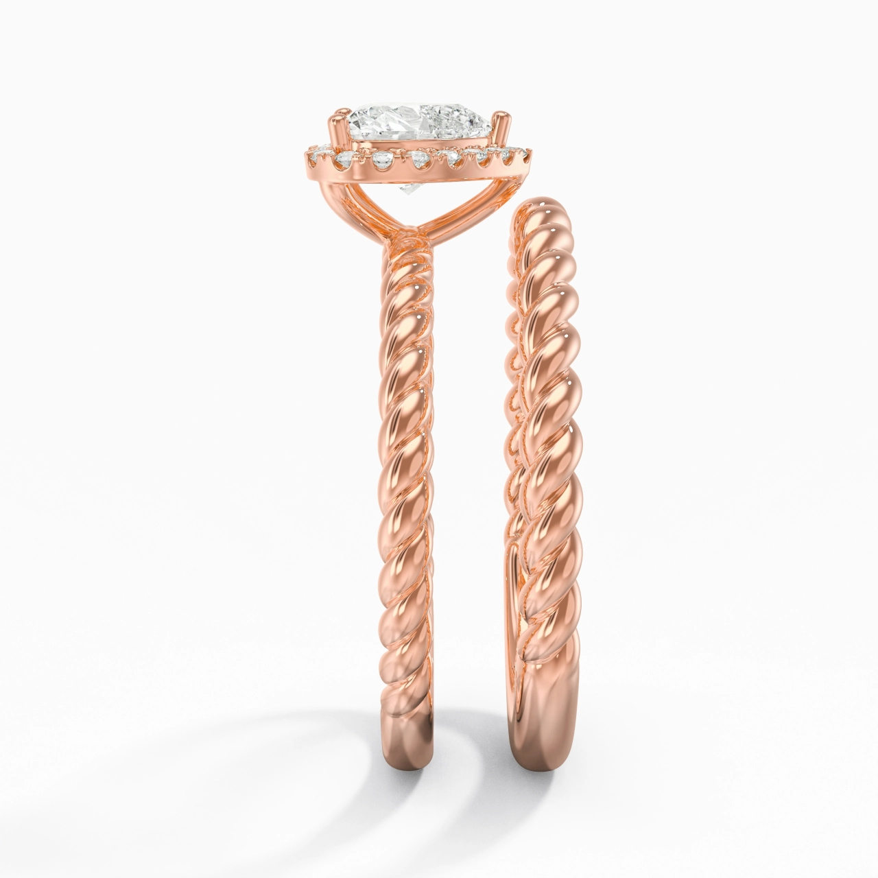 18K Rose Gold Halo Twist Wedding Ring Set