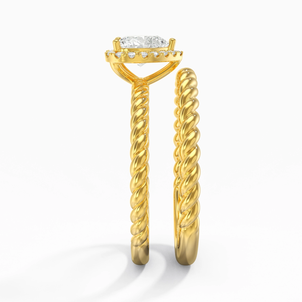 18K Gold Halo Twist Wedding Ring Set