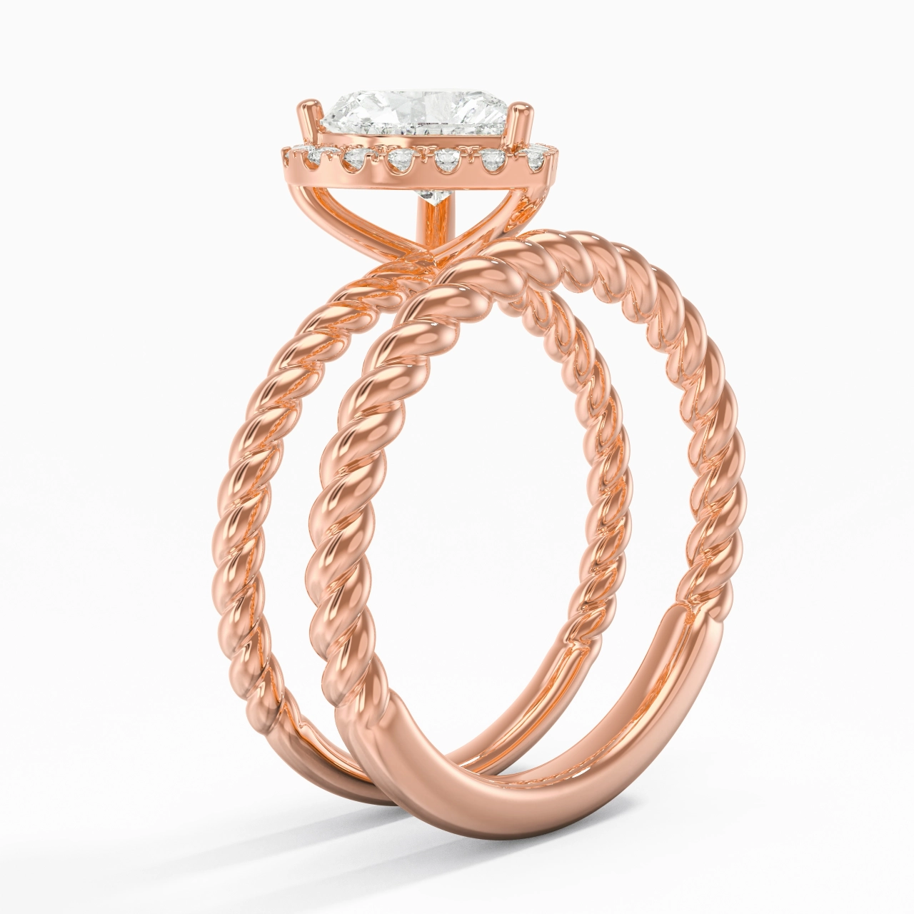 18K Rose Gold Halo Twist Wedding Ring Set