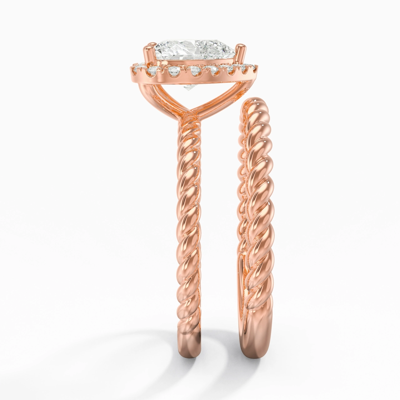 18K Rose Gold Halo Twist Wedding Ring Set