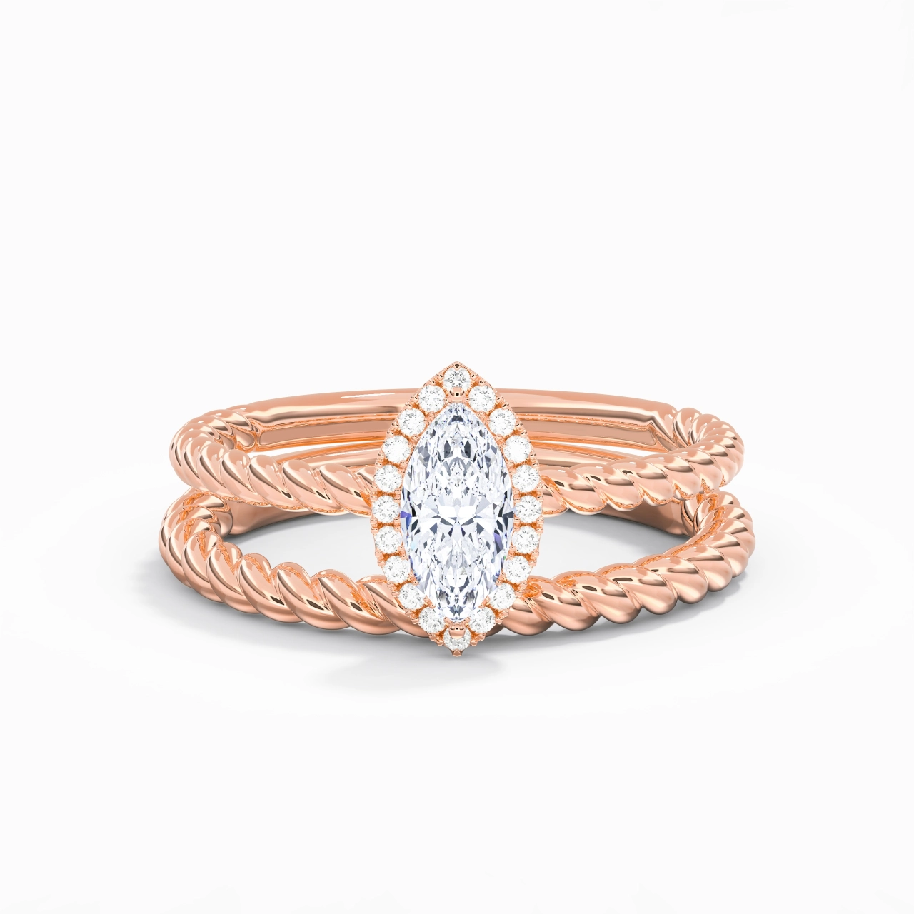 18K Rose Gold Halo Twist Wedding Ring Set