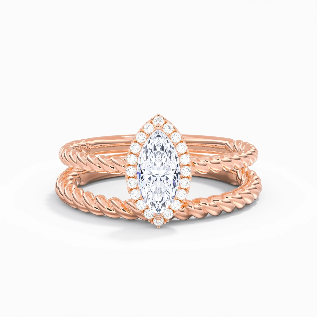 18K Rose Gold Halo Twist Wedding Ring Set