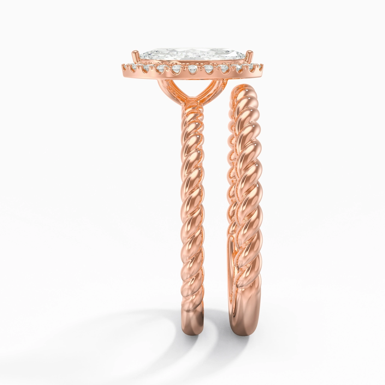 18K Rose Gold Halo Twist Wedding Ring Set