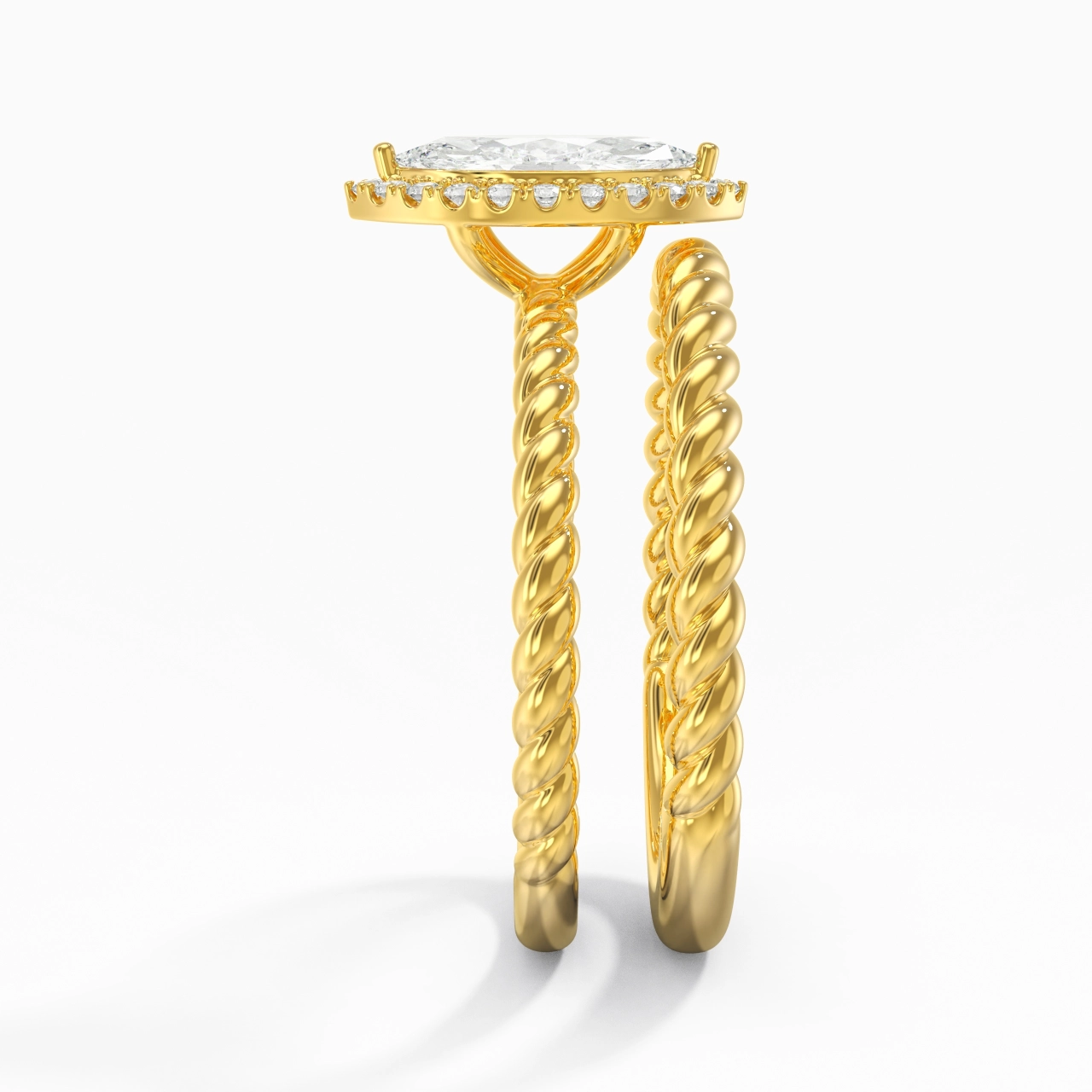 14K Gold Halo Twist Wedding Ring Set