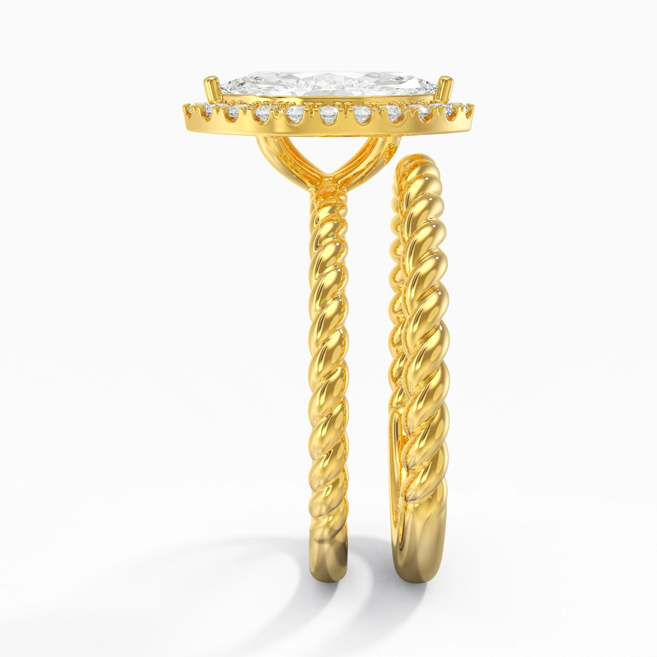 14K Gold Halo Twist Wedding Ring Set
