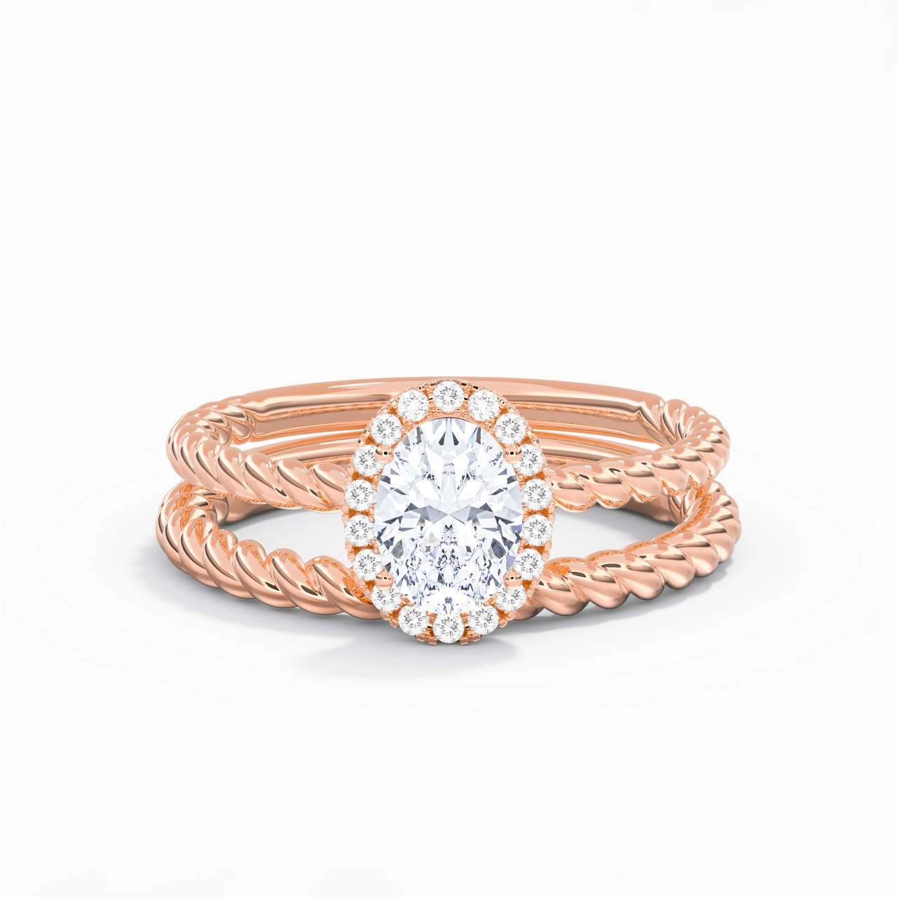 14K Rose Gold Halo Twist Wedding Ring Set