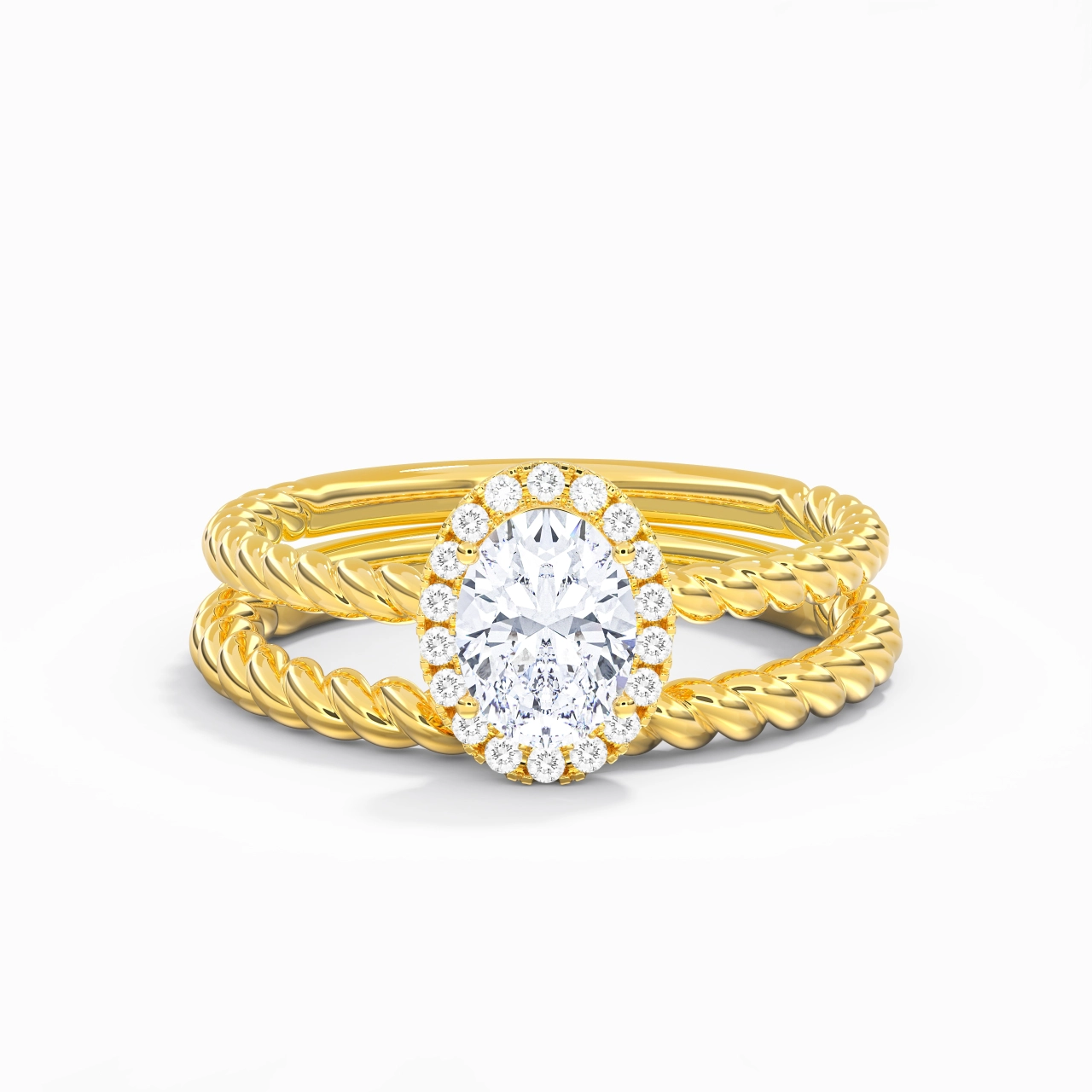 14K Gold Halo Twist Wedding Ring Set