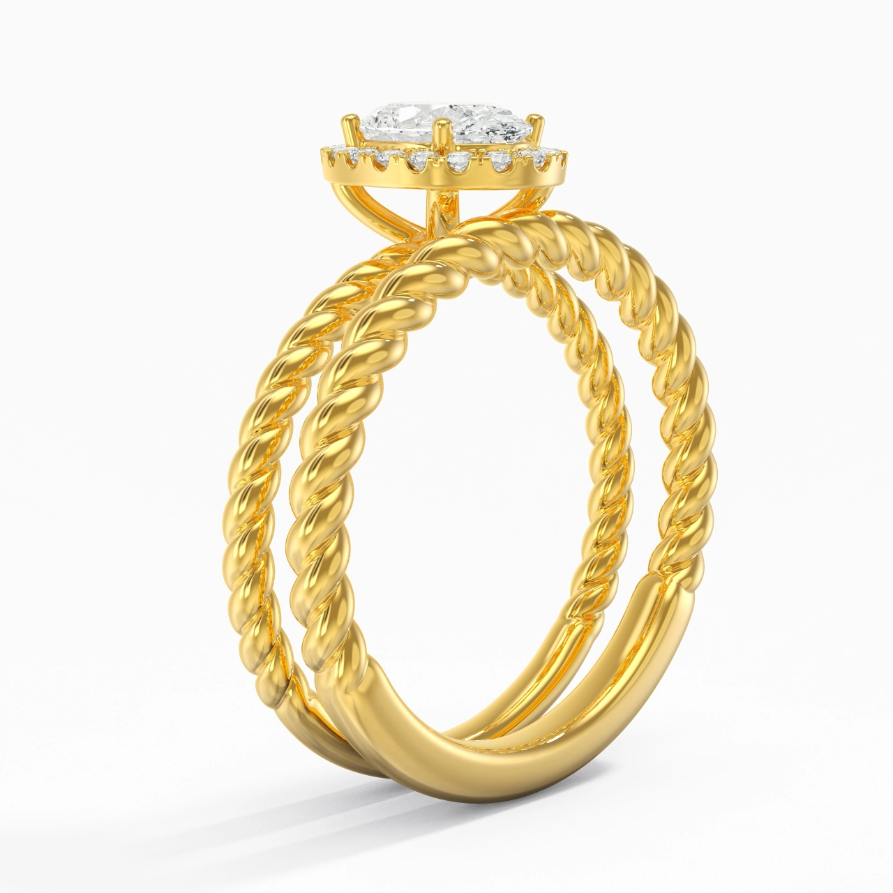 14K Gold Halo Twist Wedding Ring Set