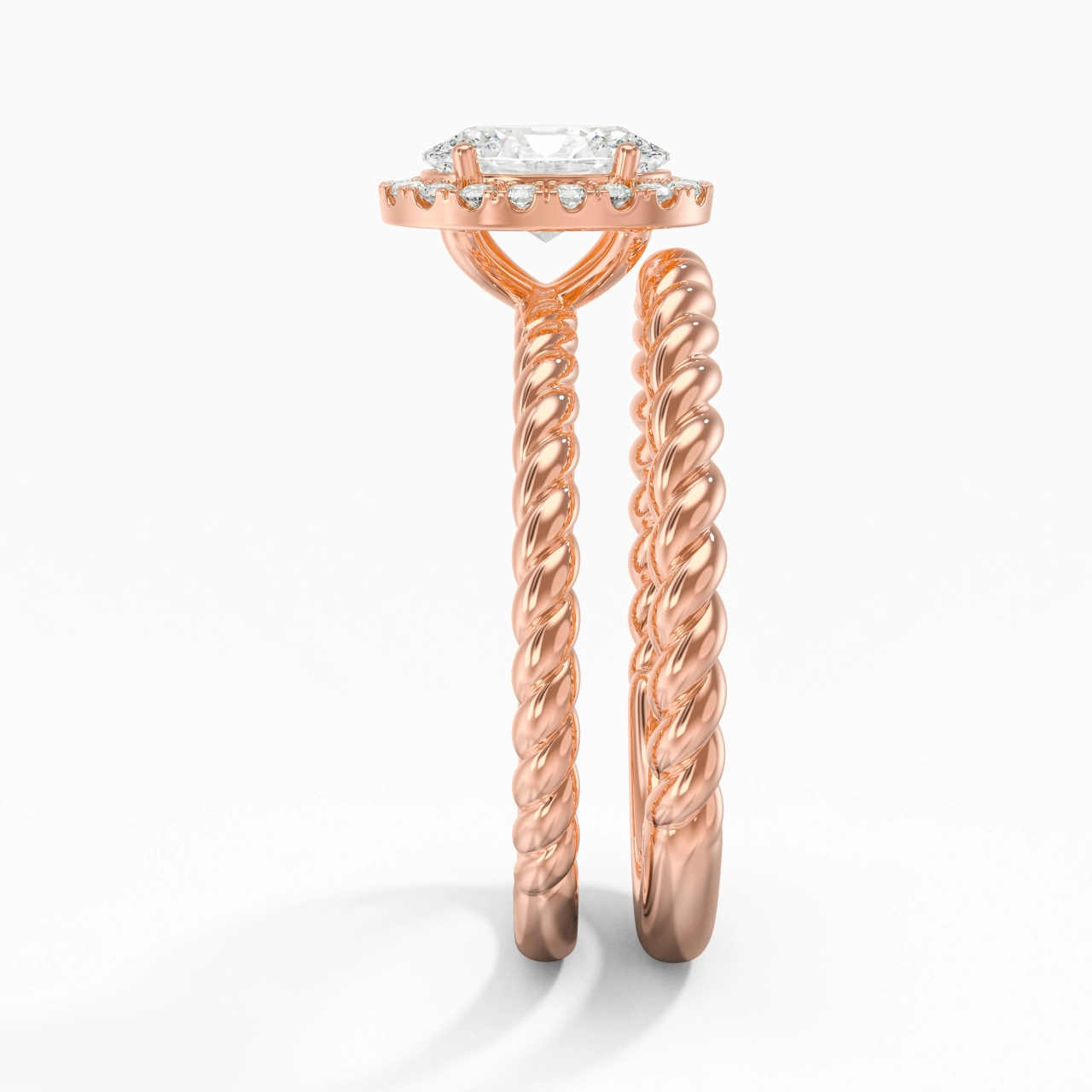 14K Rose Gold Halo Twist Wedding Ring Set