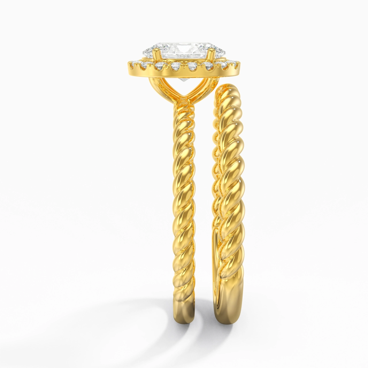 14K Gold Halo Twist Wedding Ring Set