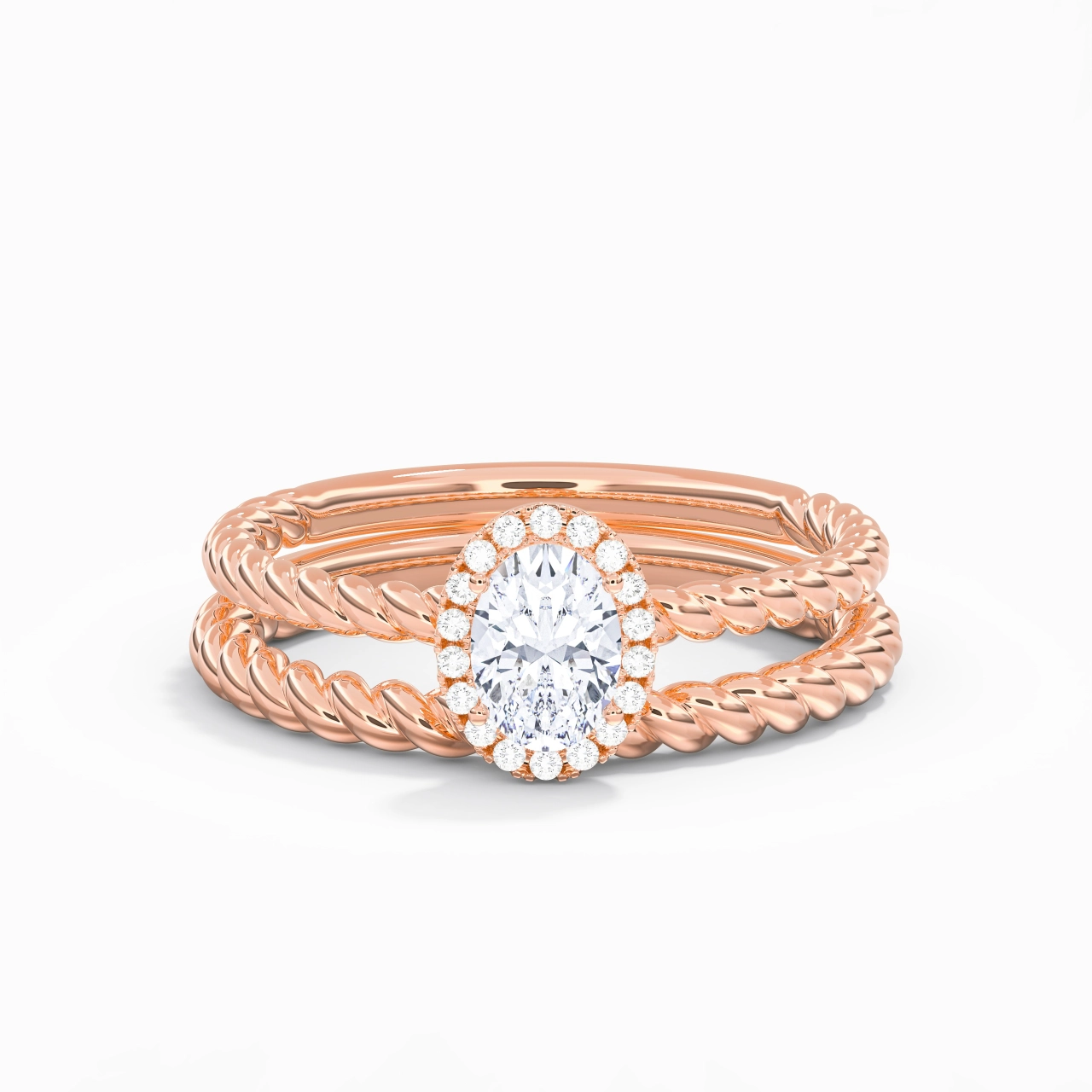 18K Rose Gold Halo Twist Wedding Ring Set