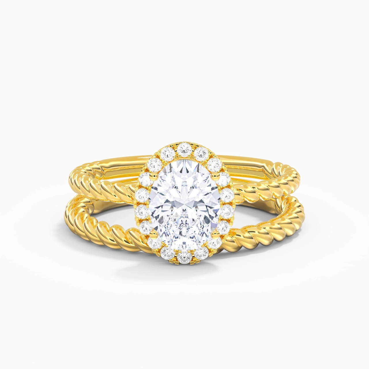 14K Gold Halo Twist Wedding Ring Set