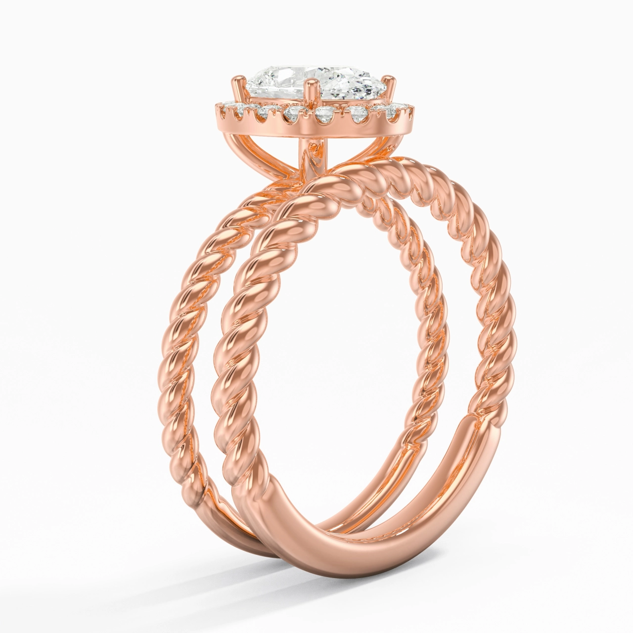 14K Rose Gold Halo Twist Wedding Ring Set