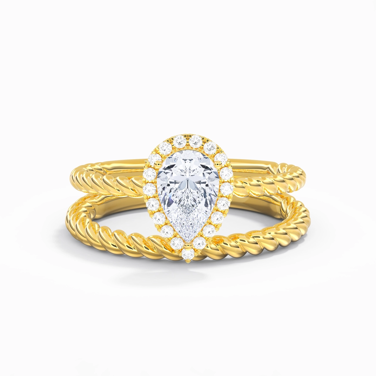 18K Gold Halo Twist Wedding Ring Set