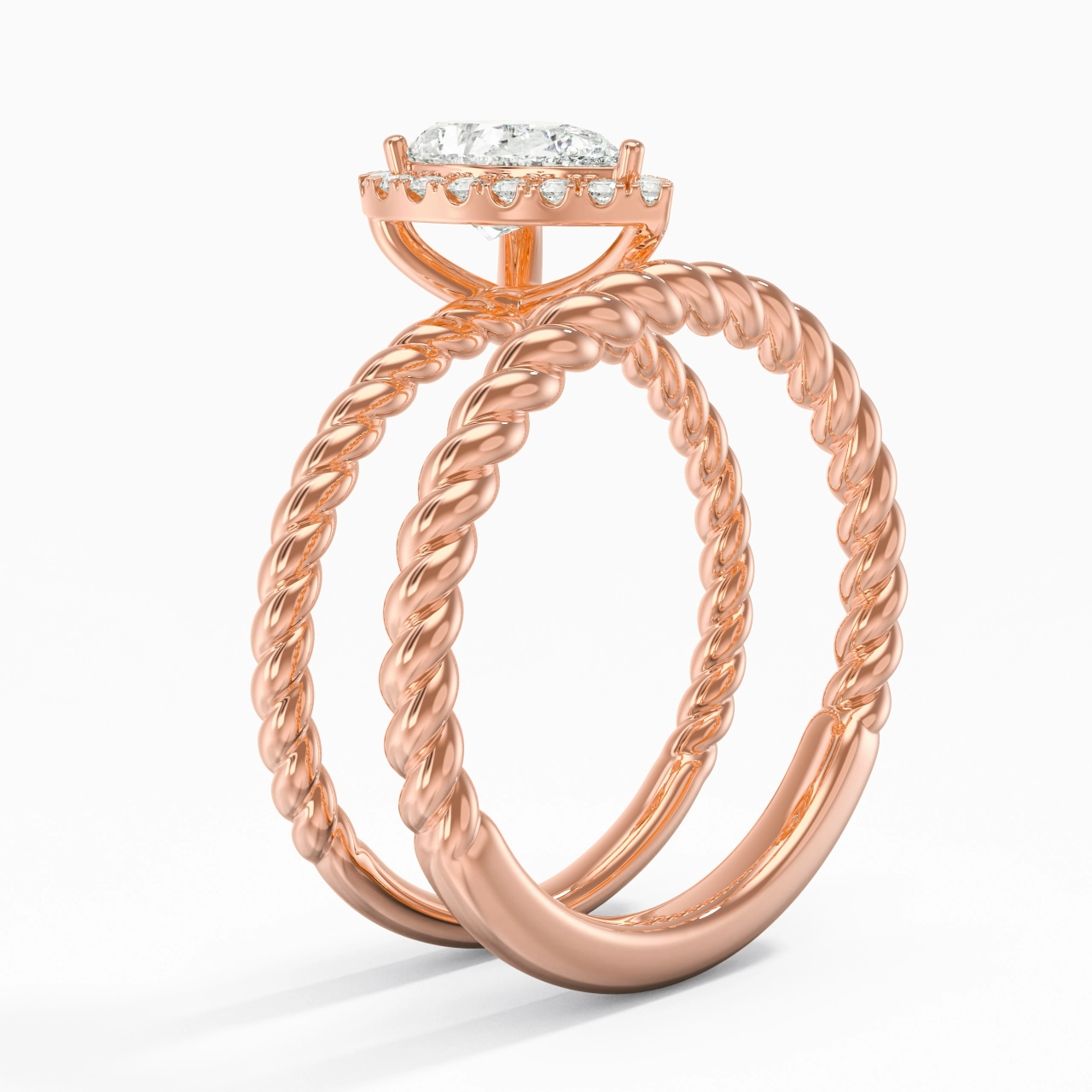 18K Rose Gold Halo Twist Wedding Ring Set