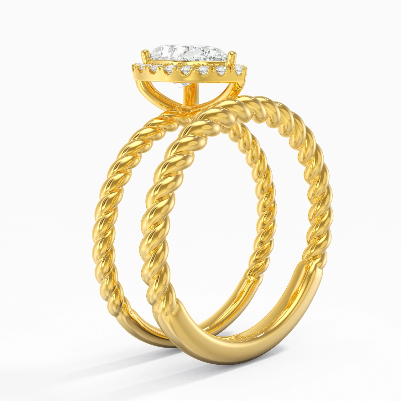 18K Gold Halo Twist Wedding Ring Set