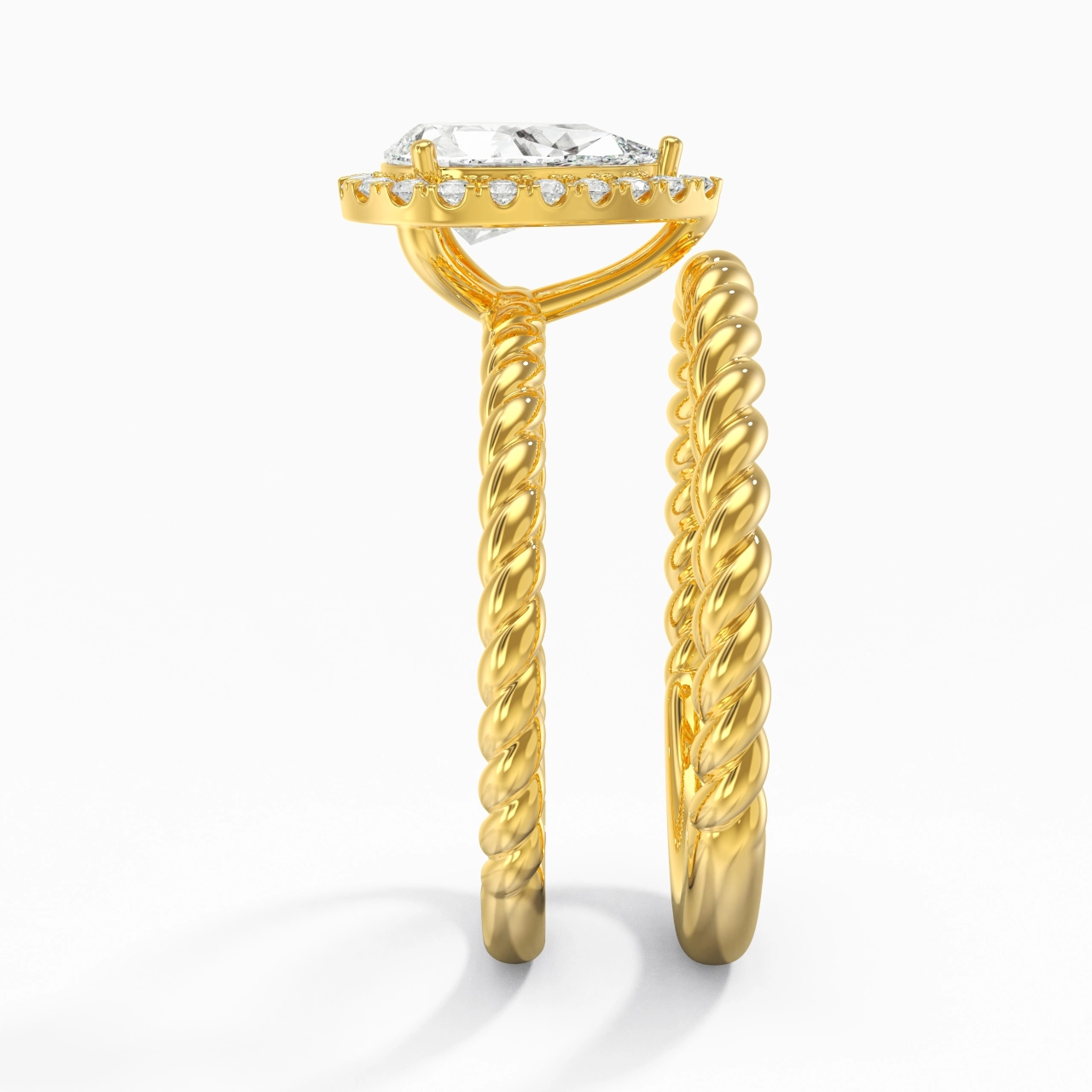18K Gold Halo Twist Wedding Ring Set