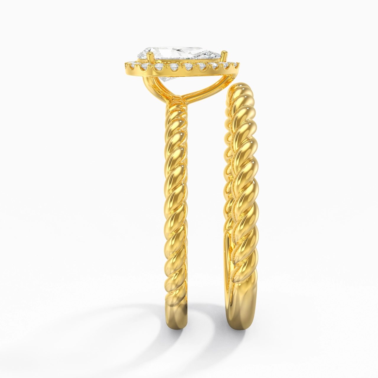 18K Gold Halo Twist Wedding Ring Set